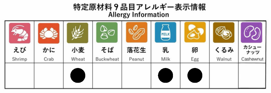 特定原材料9品目アレルギー表示情報：えび・小麦・乳・卵を使用